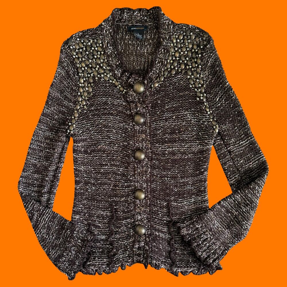 00's vintage brown crochet knit gold boho y2k cardigan sweater L bcbg